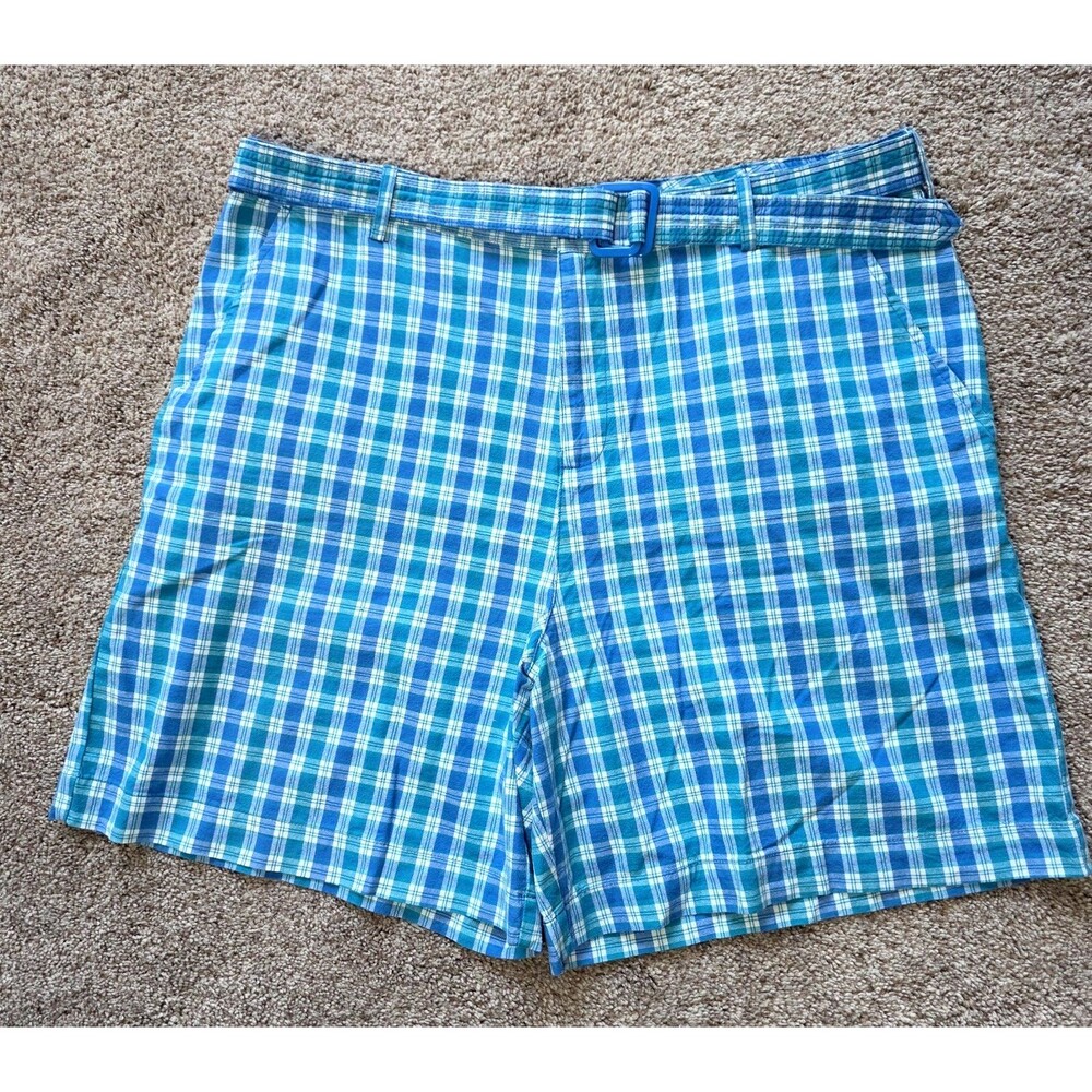 Vtg 90s Plaid Shorts Womens 14 White Stag 100% Cotton Blue Belt Mom High Waisted